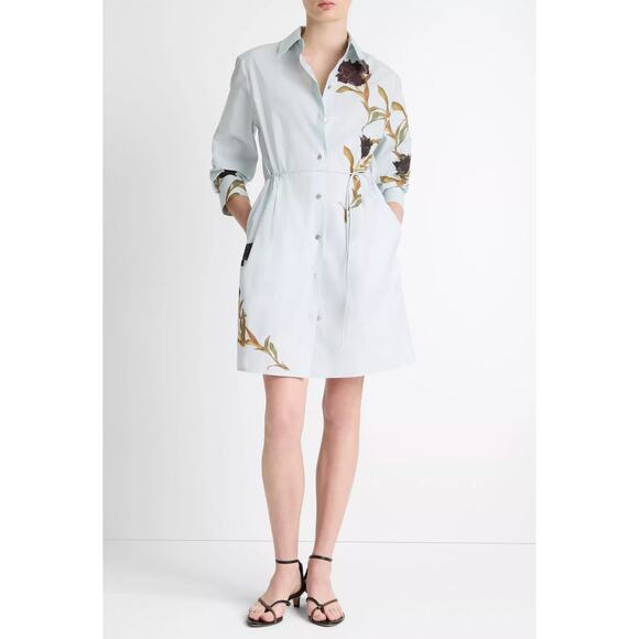 VINCE NWT Placed Iris Cotton Shirt Dress in Salt Glass/Black Iris Size XXS - Picture 3 of 5